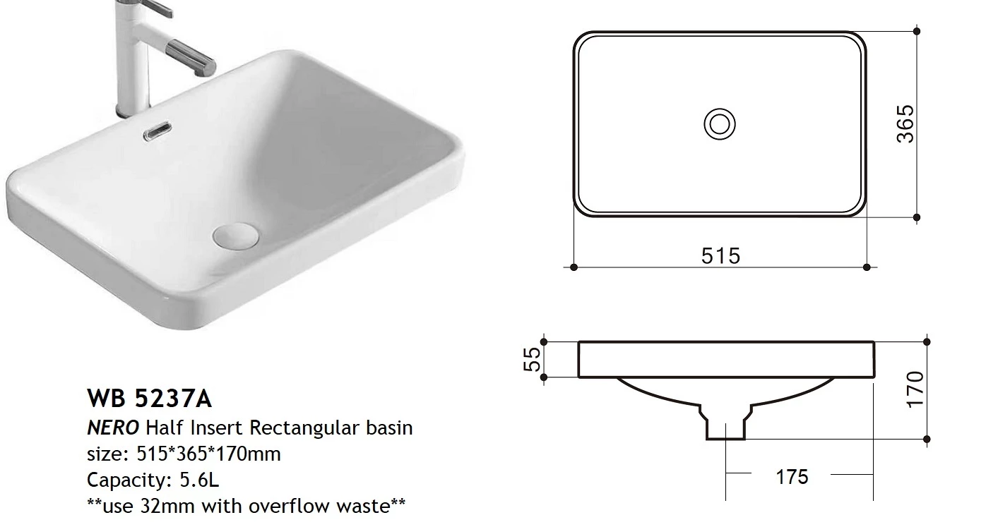 ECT Global Semi Insert Basin Bathroom Ceramic Vanity White Nero WB 5237A 5 ECT Global Semi Insert Basin Bathroom Ceramic Vanity White Nero WB 5237A - Image 3