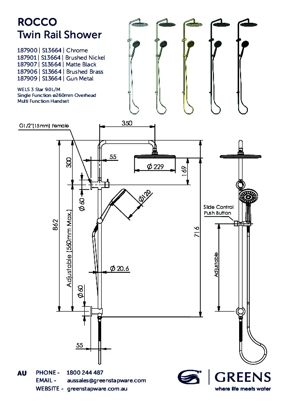 Greens Tapware Overhead Twin Rail Shower Multi Function Brushed Nickel Rocco 187901 4 Greens Tapware Overhead Twin Rail Shower Multi Function Brushed Nickel Rocco 187901 - Image 2