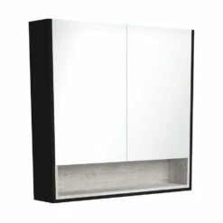 Fienza Satin Black 900 Mirror Cabinet With Display Shelf And Industrial Insert PSC900SBX