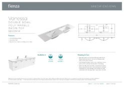 Fienza Vanessa 1800 Double Bowl Poly Marble Basin Top Gloss White One Tap Holes 1800mm X 460mm 180VAND -Bathroom Supplies Sales 2024 BA2966
