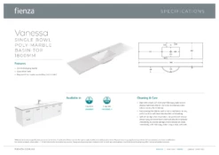 Fienza Vanessa 1800 Single Bowl Poly Marble Basin Top Gloss White One Tap Holes 1800mm X 460mm 180VANS -Bathroom Supplies Sales 2024 BA2967