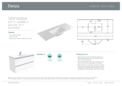 Fienza Vanessa 1200 Single Bowl Poly Marble Basin Top Gloss White One Tap Hole 1200mm X 460mm 120VAN -Bathroom Supplies Sales 2024 BA2970