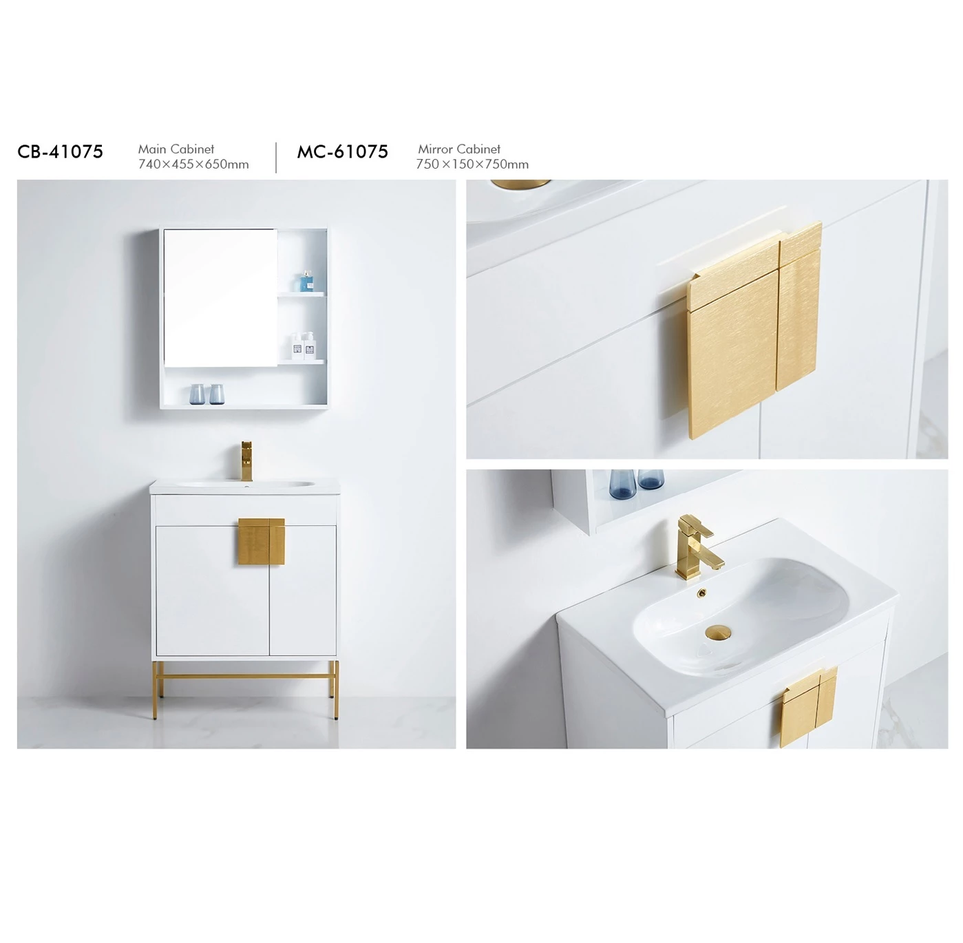 BNK Shaving Mirror Cabinet And Bathroom Vanity Cabinet 750mm White Gold Spoleto MC-61075 & CB-41075 5 BNK Shaving Mirror Cabinet And Bathroom Vanity Cabinet 750mm White Gold Spoleto MC-61075 & CB-41075 - Image 3