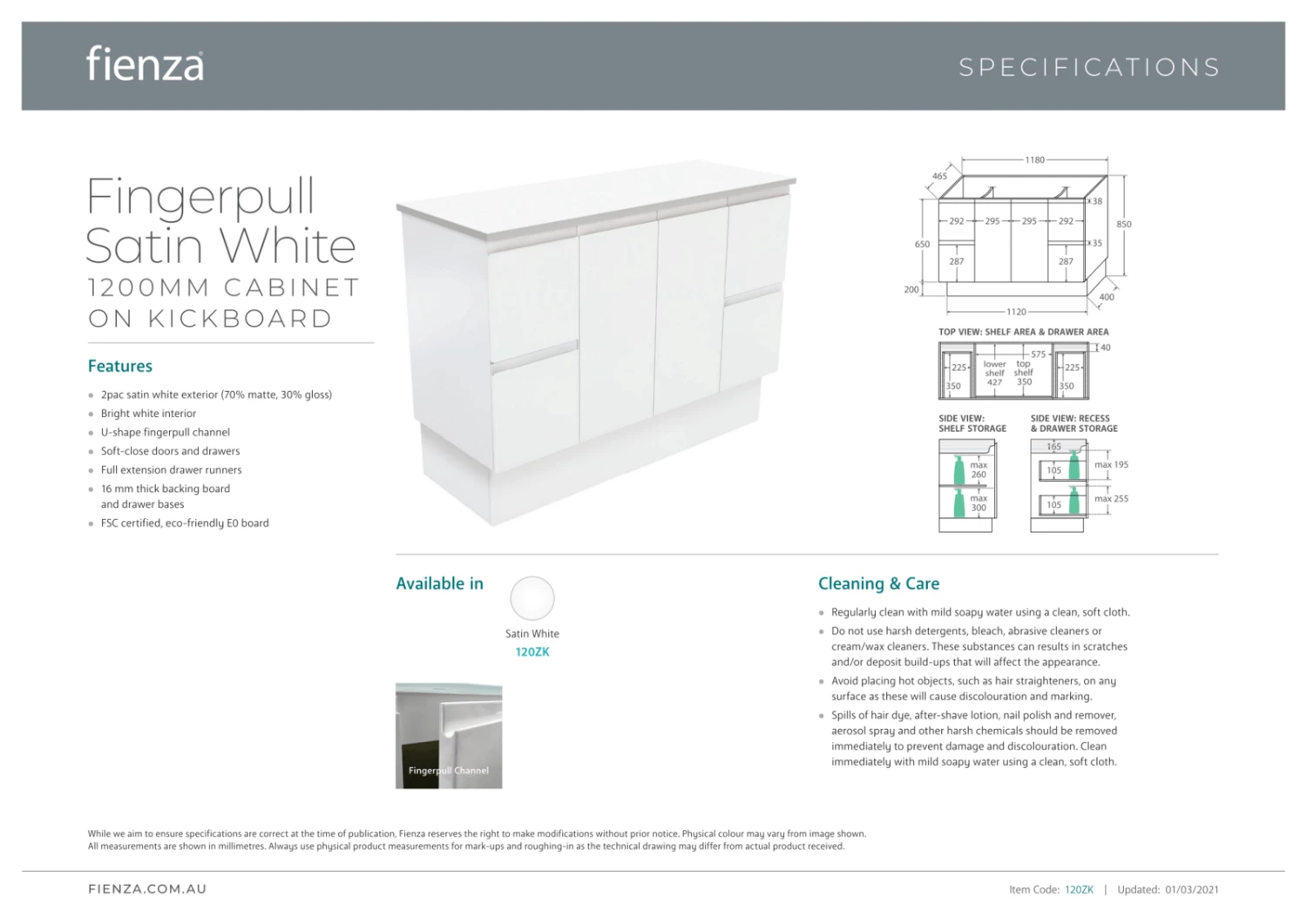 Fienza Jolie Fingerpull 1200 Bathroom Vanity On Kickboard Satin White JOL120ZK 5 Fienza Jolie Fingerpull 1200 Bathroom Vanity On Kickboard Satin White JOL120ZK - Image 3