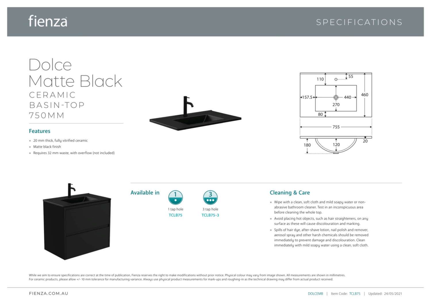 Fienza Dolce Amato 750 Wall Hung Vanity Satin Black TCLB75BWB 5 Fienza Dolce Amato 750 Wall Hung Vanity Satin Black TCLB75BWB - Image 3
