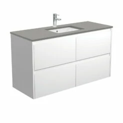 Fienza Sarah Dove Grey Undermount Amato 1200 Wall Hung Vanity Satin White SD120BW