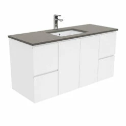 Fienza Sarah Dove Grey Undermount Fingerpull 1200 Wall Hung Vanity Gloss White SD120F