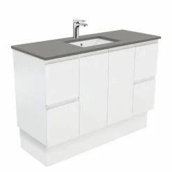 Fienza Sarah Dove Grey Undermount Fingerpull 1200 Vanity On Kickboard Satin White SD120ZK