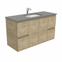 Fienza Sarah Dove Grey Undermount Fingerpull 1200 Wall Hung Vanity Scandi Oak SD120S