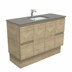 Fienza Sarah Dove Grey Undermount Fingerpull 1200 Vanity On Kickboard Scandi Oak SD120SK