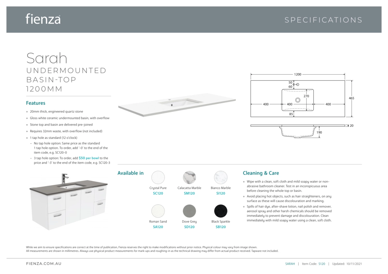 Fienza Sarah Dove Grey Undermount Hampton 1200 Vanity On Kickboard Satin White SD120TK 5 Fienza Sarah Dove Grey Undermount Hampton 1200 Vanity On Kickboard Satin White SD120TK - Image 3