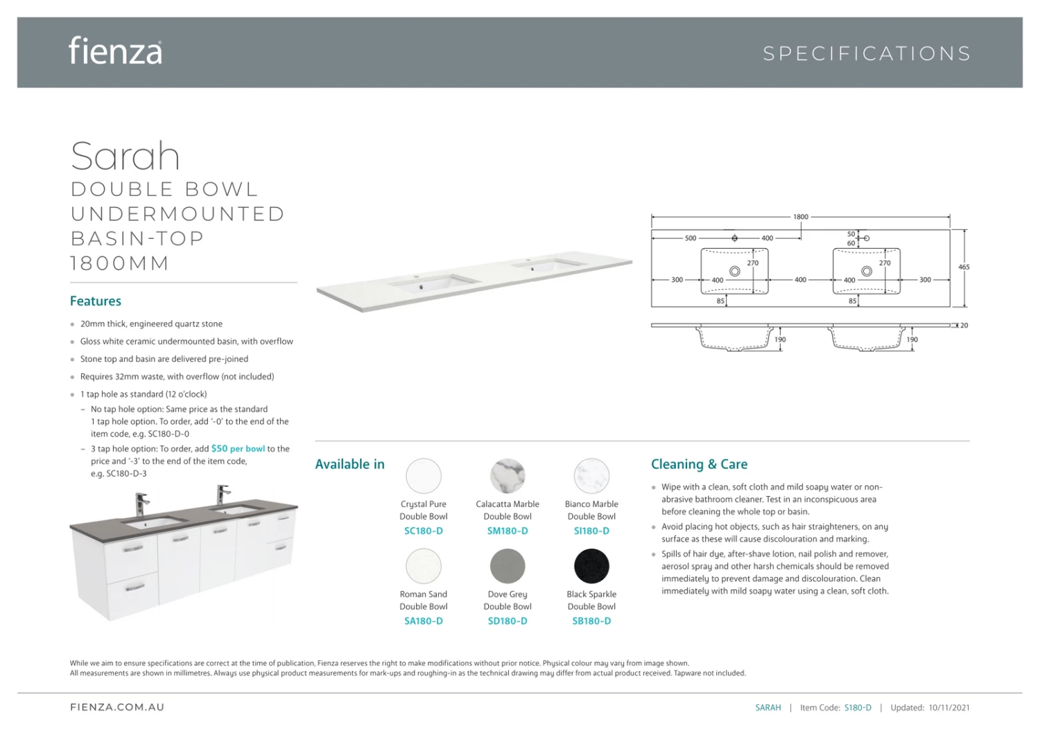 Fienza Sarah Dove Grey Undermount Double Bowl UniCab 1800 Vanity On Kickboard Gloss White SD180NKD 5 Fienza Sarah Dove Grey Undermount Double Bowl UniCab 1800 Vanity On Kickboard Gloss White SD180NKD - Image 3