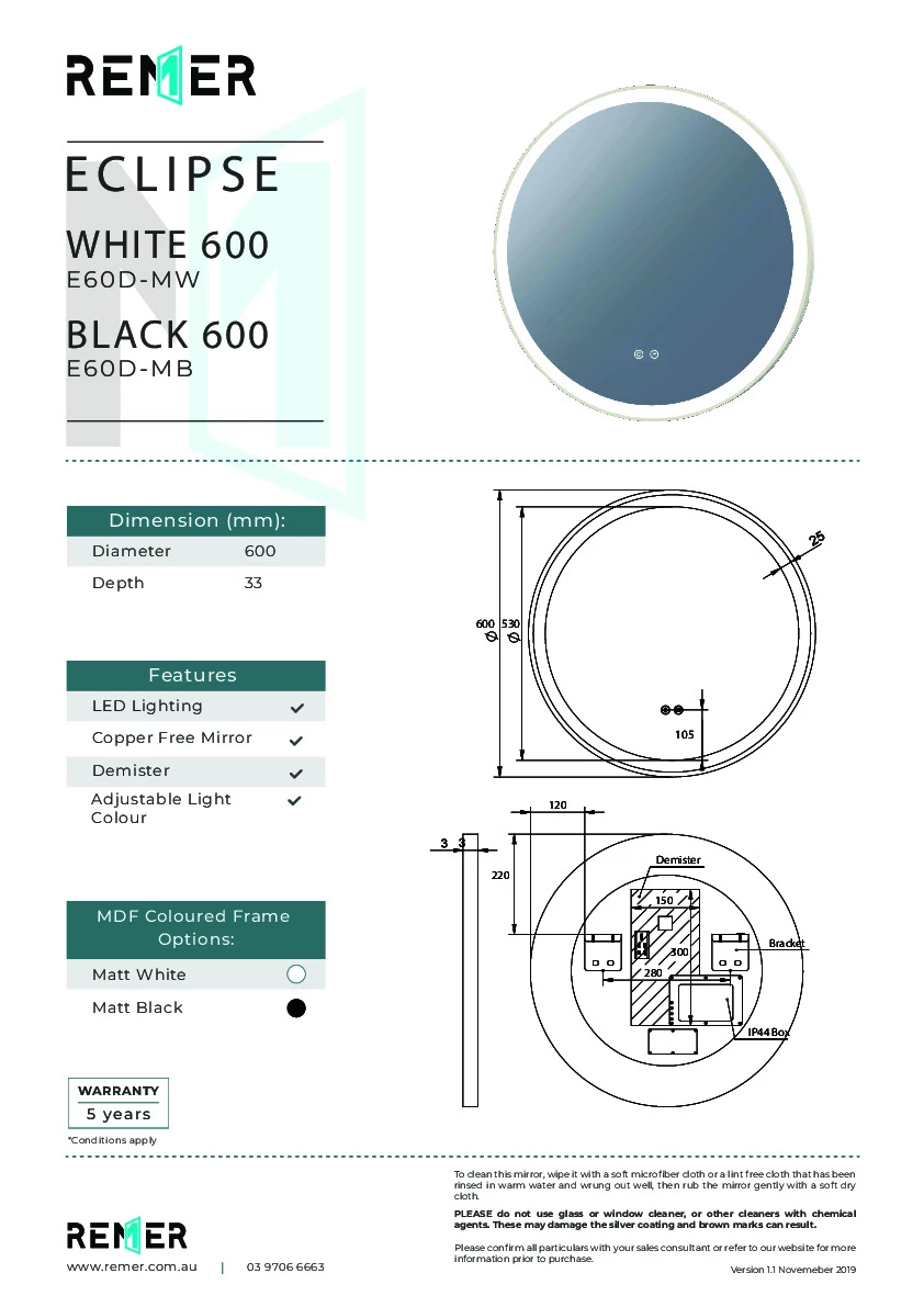 Remer 600mm Round LED Bathroom Mirror Eclipse D Matte Black E60D-MB 4 Remer 600mm Round LED Bathroom Mirror Eclipse D Matte Black E60D-MB - Image 2