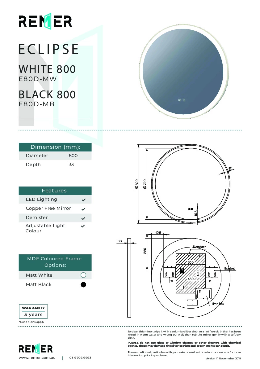 Remer 800mm Round LED Bathroom Mirror Eclipse D Matte White E80D-MW 6 Remer 800mm Round LED Bathroom Mirror Eclipse D Matte White E80D-MW - Image 4
