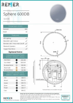 Remer Sphere DB 600mm Round Mirror Gun Metal Bluetooth Speakers & LED Lighting S60DB-GM -Bathroom Supplies Sales 2024 BA8270 1