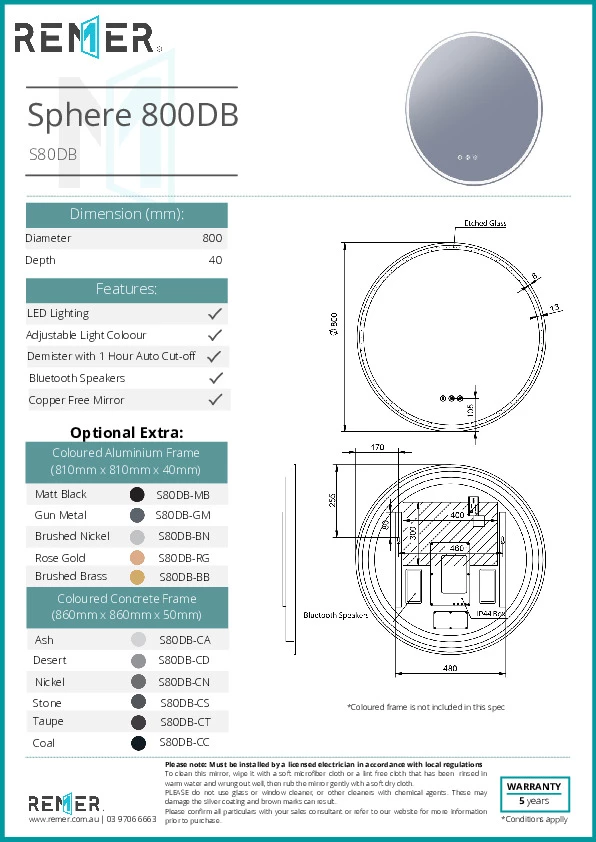 Remer Sphere DB 800mm Round Mirror Gun Metal Bluetooth Speakers & LED Lighting S80DB-GM 4 Remer Sphere DB 800mm Round Mirror Gun Metal Bluetooth Speakers & LED Lighting S80DB-GM - Image 2