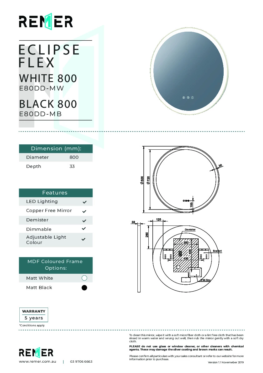 Remer Eclipse DD 800mm Round Mirror Matte Black Demister & LED Lighting E80DD-MB 4 Remer Eclipse DD 800mm Round Mirror Matte Black Demister & LED Lighting E80DD-MB - Image 2