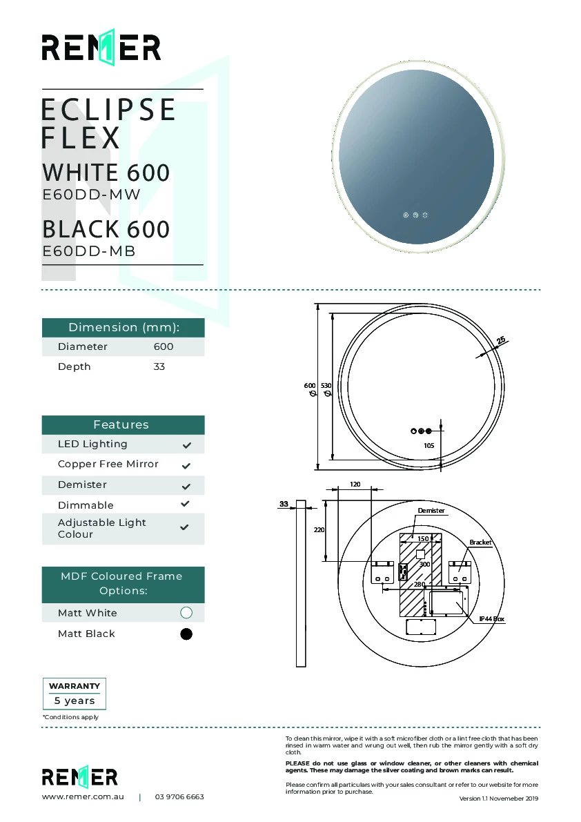 Remer Eclipse DD 600mm Round Mirror Matte Black Demister & LED Lighting E60DD-MB 4 Remer Eclipse DD 600mm Round Mirror Matte Black Demister & LED Lighting E60DD-MB - Image 2