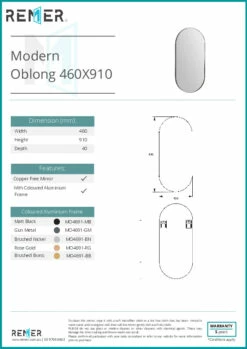 Remer Modern Oblong Bathroom Mirror Matte Black 910mm X 460mm MO4691-MB -Bathroom Supplies Sales 2024 BA8291 1