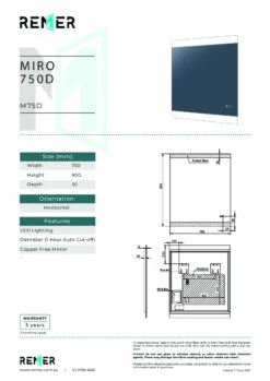 Remer Miro D 750mm X 900mm Bathroom Mirror LED Lighting With Demister M75D -Bathroom Supplies Sales 2024 BA8303 1