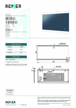 Remer Miro D 1800mm X 850mm Bathroom Mirror LED Lighting With Demister M180D -Bathroom Supplies Sales 2024 BA8307 1