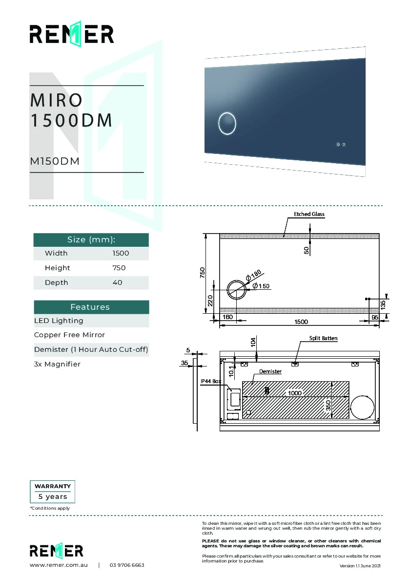 Remer Miro DM 1500mm X 750mm Bathroom Mirror LED Lighting With Magnifier M150DM 7 Remer Miro DM 1500mm X 750mm Bathroom Mirror LED Lighting With Magnifier M150DM - Image 5
