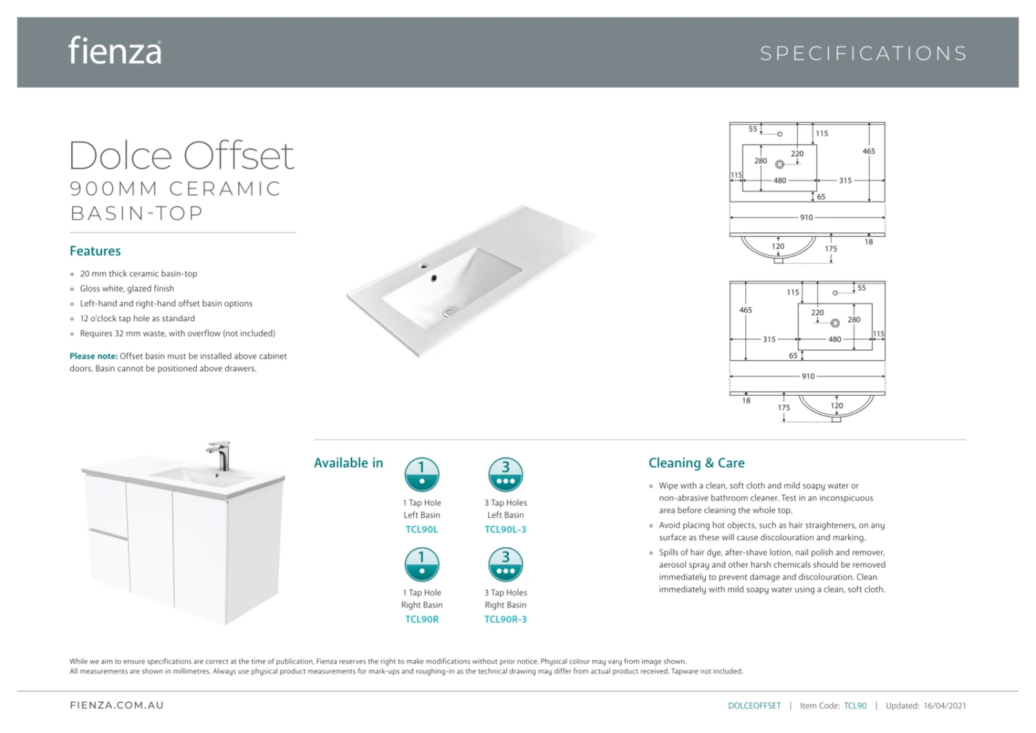 Fienza Dolce Unicab 900 Offset Vanity On Kickboard Left Basin White TCL90LNKW 5 Fienza Dolce Unicab 900 Offset Vanity On Kickboard Left Basin White TCL90LNKW - Image 3