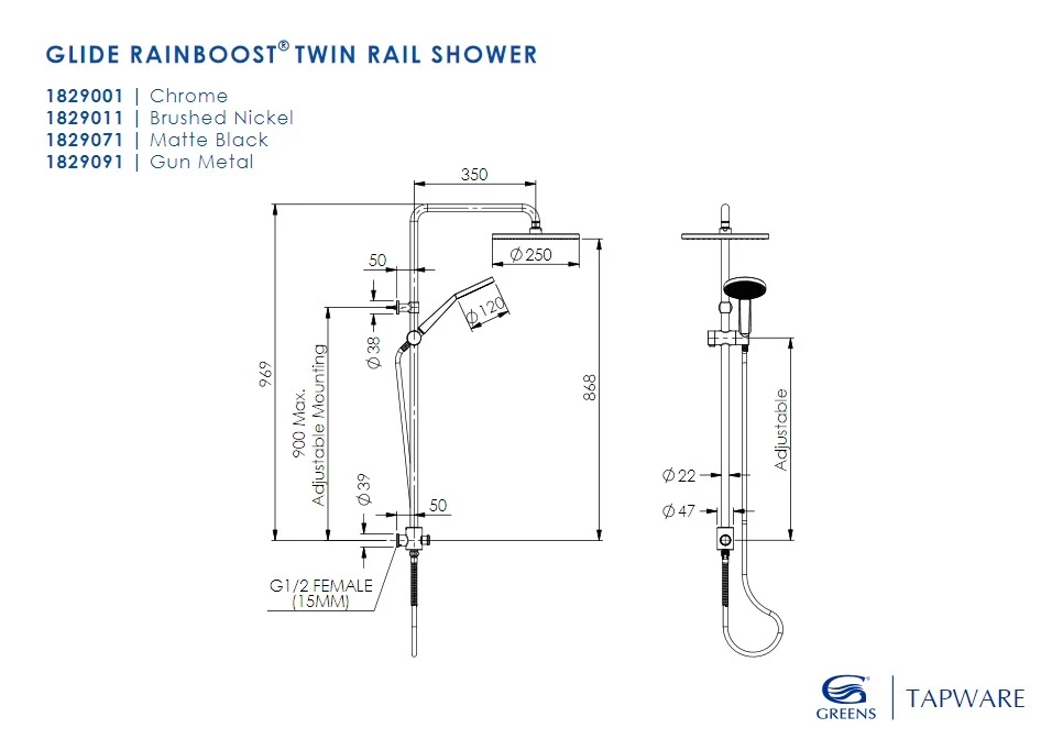 Greens Tapware Twin Rail Shower Rain Boost Gravity Fed Shower Outlet Glide Gun Metal 1829091 4 Greens Tapware Twin Rail Shower Rain Boost Gravity Fed Shower Outlet Glide Gun Metal 1829091 - Image 2